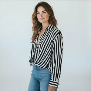 Zara Striped Button Down Shirt with front cropped tie, longer back. Sz M, linen